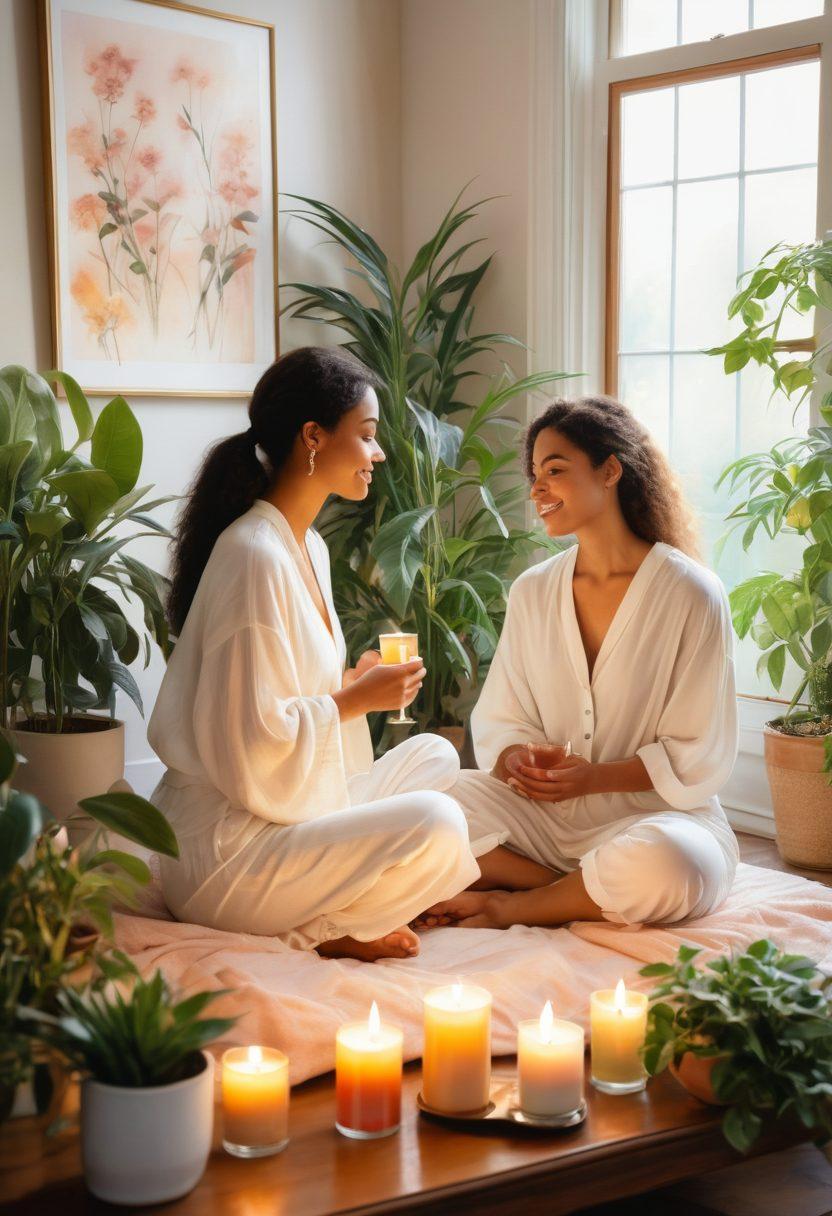 A serene and inviting space featuring diverse women chatting in a softly lit room, surrounded by plants and gentle candles. Their expressions radiate confidence and warmth, celebrating femininity and intimacy. Incorporate elements of beauty products and wellness tools subtly placed around. The atmosphere should evoke comfort, openness, and connection. watercolor painting. warm tones. soft focus.