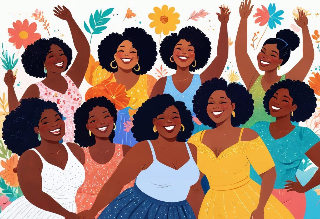A whimsical, colorful illustration showcasing a diverse group of women joyously celebrating their bodies, each woman exhibiting unique features with humor and confidence. Incorporate playful elements like oversized flowers and sparkles to symbolize body positivity and femininity. The scene should feel vibrant and relatable, with laughter and camaraderie among the group, highlighting modern relationships. cartoon style. bright colors. cheerful atmosphere.